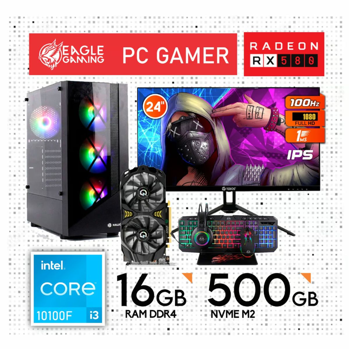 INTEL - COMPUTADORA GAMER I3 10100F, RX580 8GB, 16GB RAM, MONITOR 24, KIT 4 EN 1