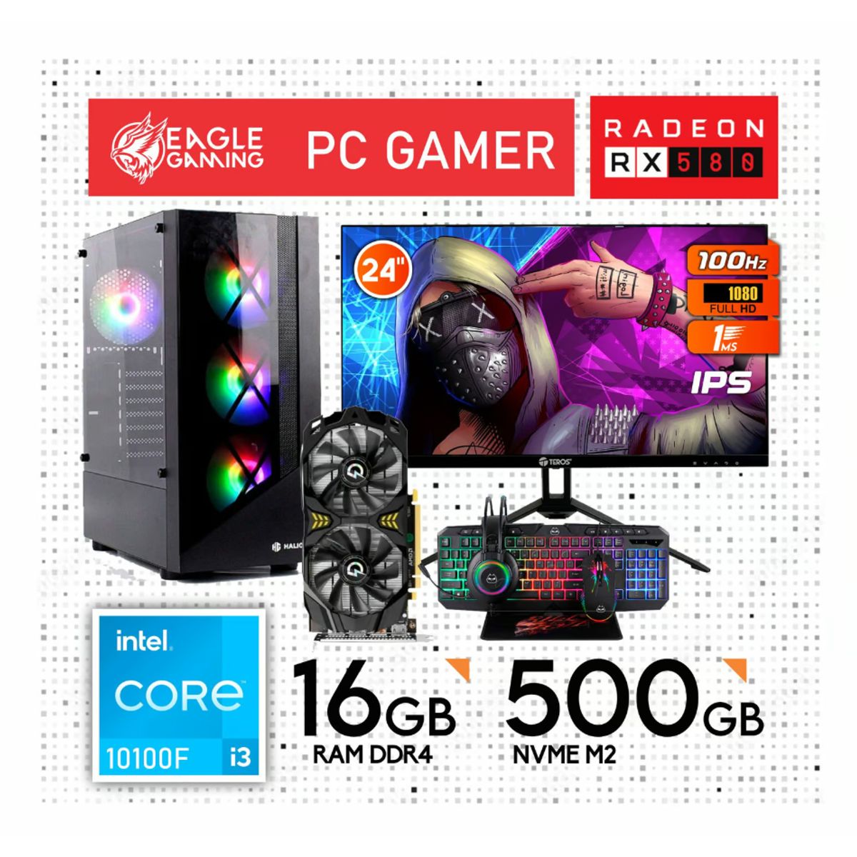 INTEL - COMPUTADORA GAMER I3 10100F, RX580 8GB, 16GB RAM, MONITOR 24, KIT 4 EN 1