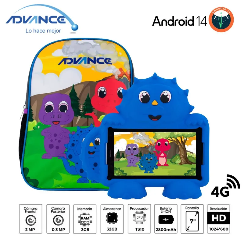 ADVANCE - Tablet Advance KIDS TR8990 7" Pulg. IPS Android 14 Go 4G Dual SIM 2GB RAM 32GB + Mochila