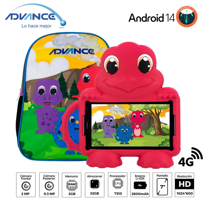 ADVANCE - Tablet Advance KIDS TR8990 7" Pulg. IPS Android 14 Go 4G Dual SIM 2GB RAM 32GB + Mochila