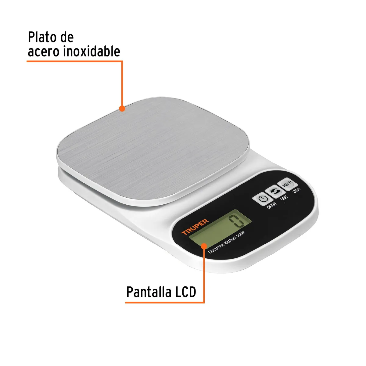 TRUPER - Balanza digital para cocina plato de acero inox 5kg Truper