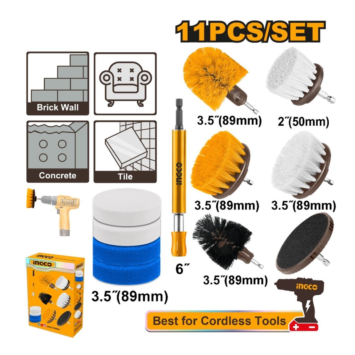 INGCO TOOLS - Set De Escobillas Para Taladro 11 Piezas Ingco