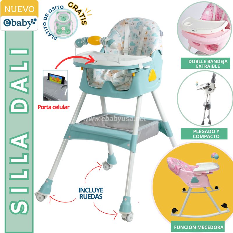 EBABY - Silla de comer Dali con Mecedora y Ruedas VERDE