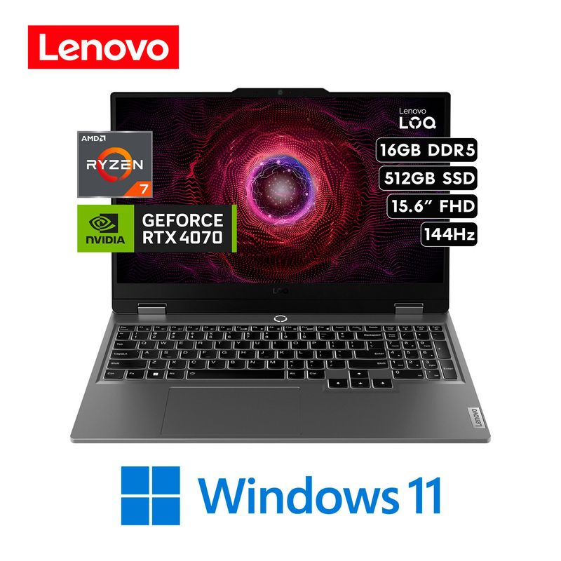 LENOVO - Laptop Lenovo LOQ 15ARP9 - AMD Ryzen 7 7435HS 16GB 512GB SSD NVIDIA RTX 4070 8GB 15.6″ FHD 144Hz W11