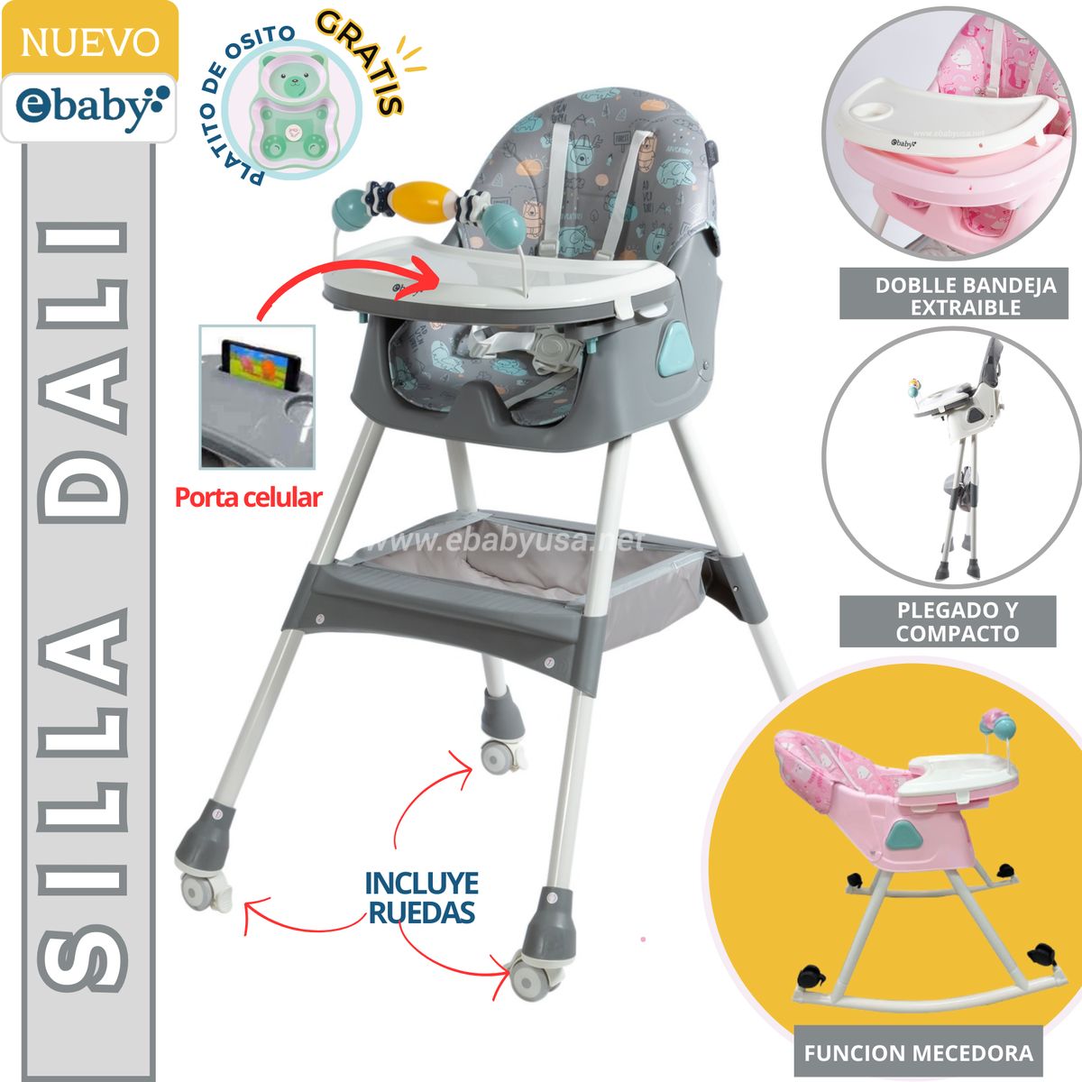 EBABY - Silla de comer Dali con Mecedora y Ruedas GRIS + platito