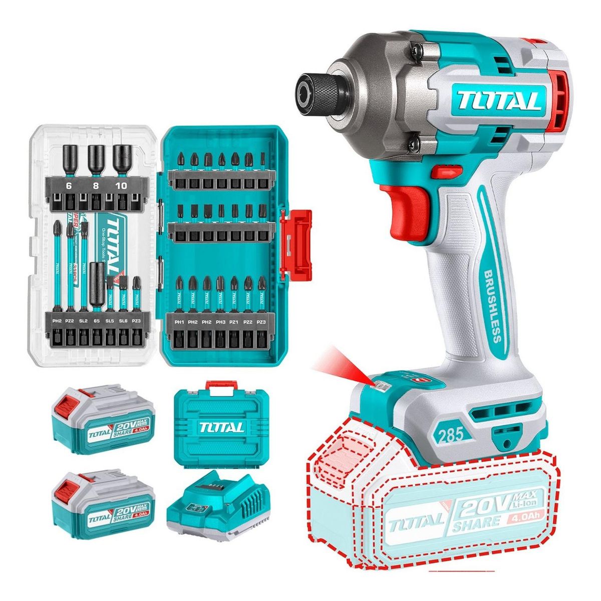 TOTAL - Atornillador de impacto 285nm + 31 puntillas de impacto Total