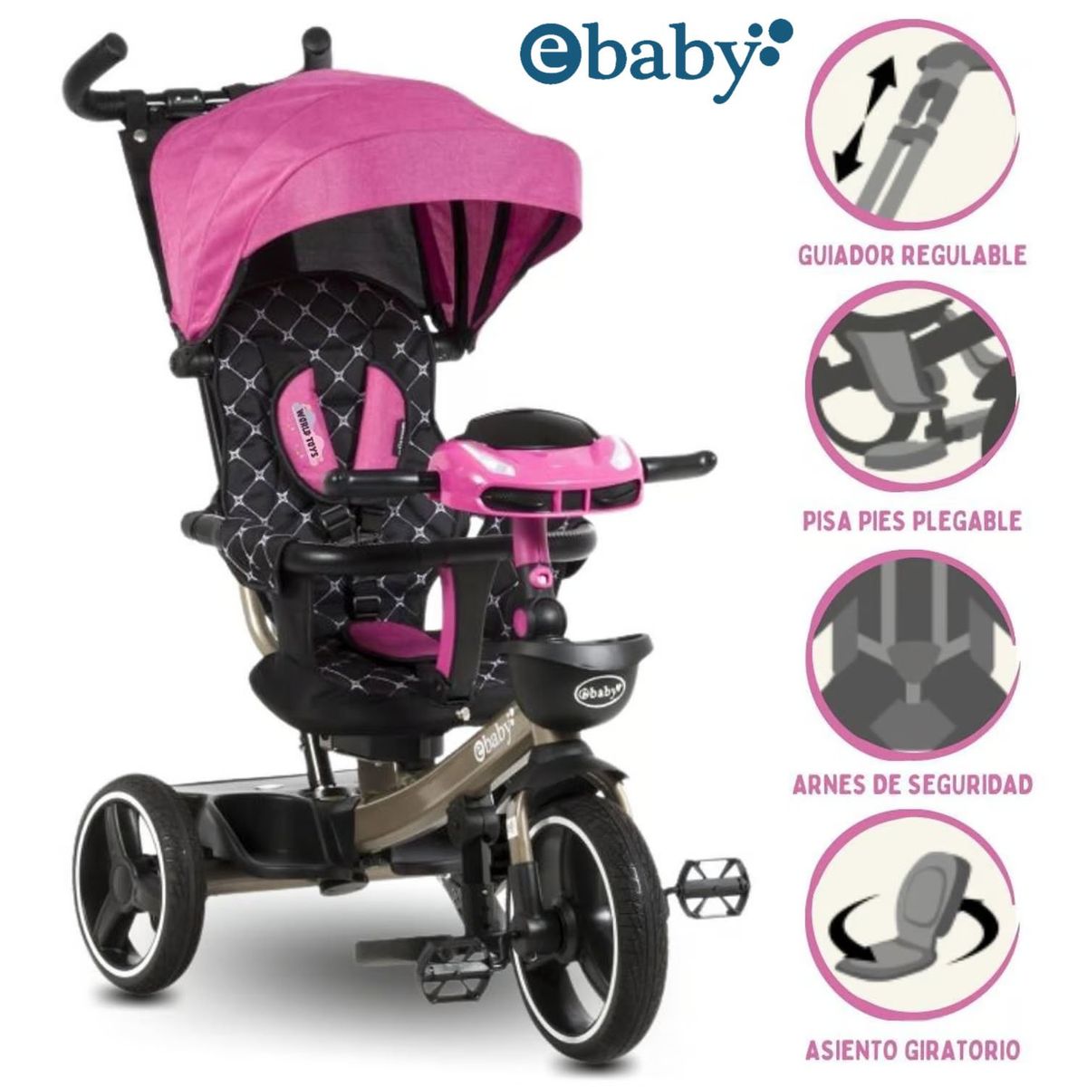 EBABY - TRICICLO GUIADOR »SANTORINI DELUXE» USB Pink