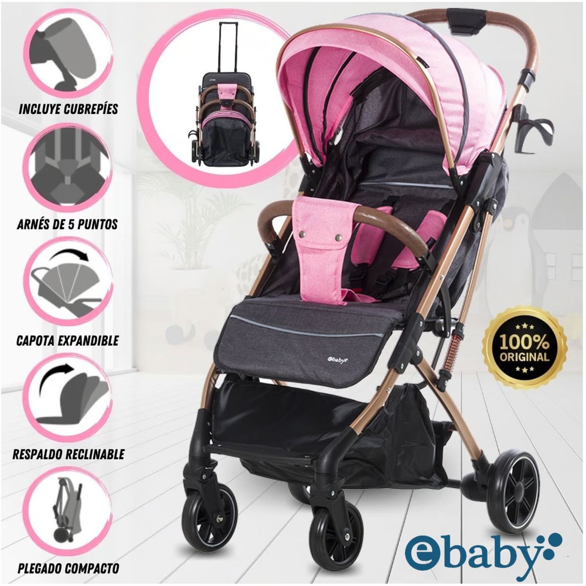 EBABY - Coche De Paseo Maleta «SUNNY GOLD» Dark Pink