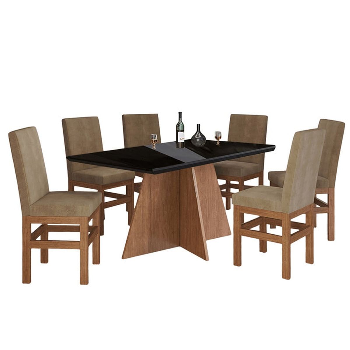 2020 HOME PERU - Juego de Comedor Vidrio 6 Sillas Lujo Madera Marrón - Negro