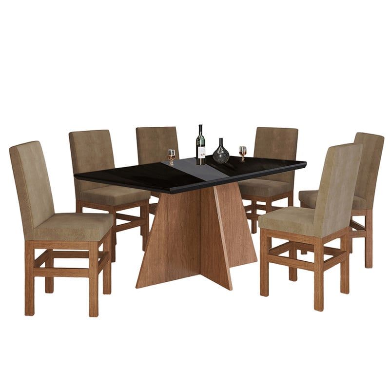 2020 HOME PERU - Juego de Comedor Vidrio 6 Sillas Lujo Madera Marrón - Negro