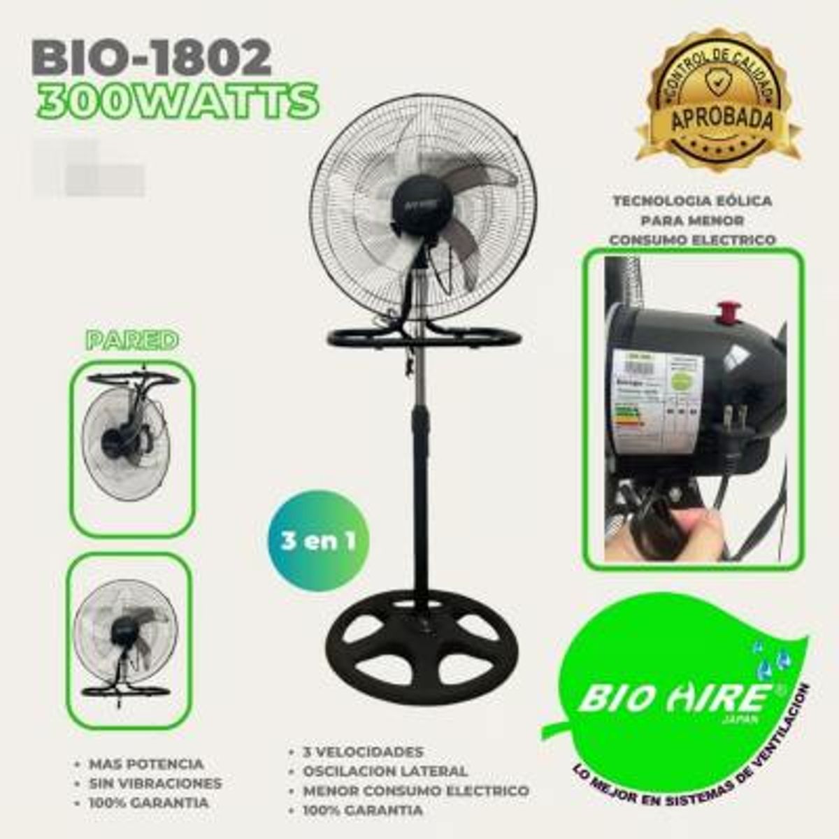 GENERICO - Ventilador BIO Aire BIO-1802 300W 3 en 1 con Aspas de Metal