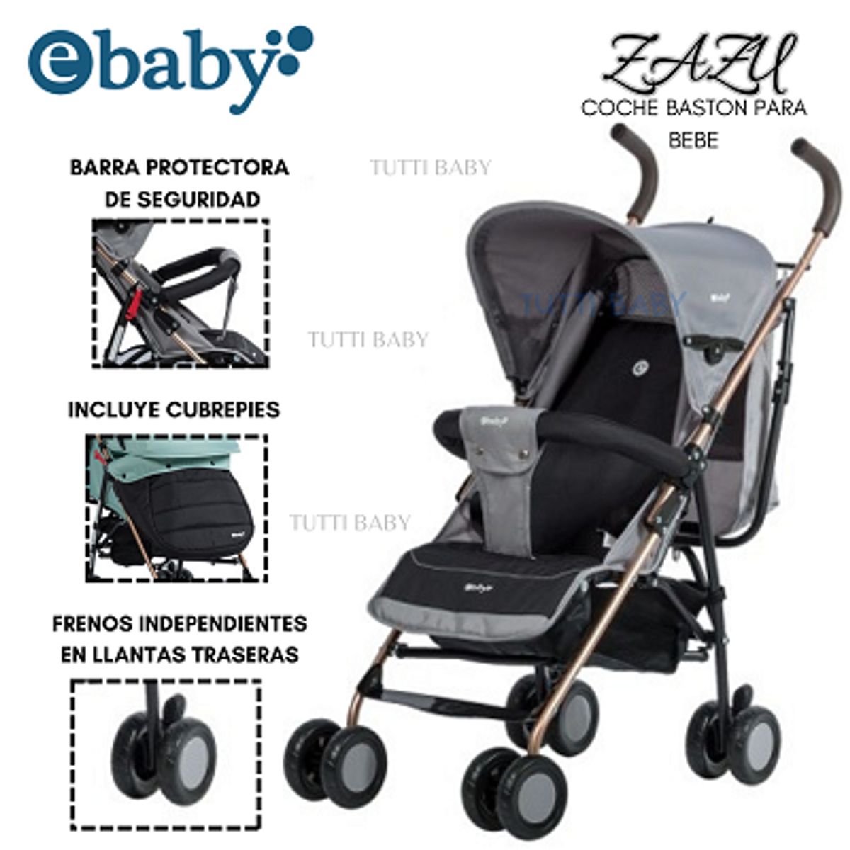 EBABY - COCHE BASTON RECLINABLE ZAZU GRIS