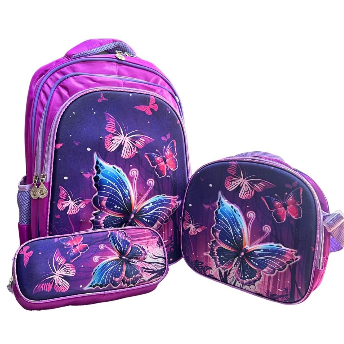 GENERICO - Set Mochila Mariposa 3d Lonchera Estuche Con Relieve Y Luces