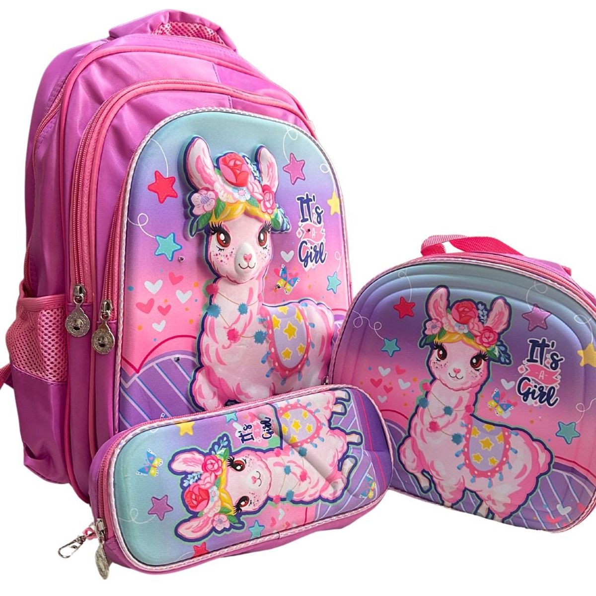 GENERICO - Set Mochila Lhamas 3d Lonchera Estuche Con Relieve Y Luces