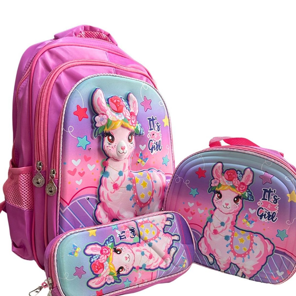 GENERICO - Set Mochila Lhamas 3d Lonchera Estuche Con Relieve Y Luces