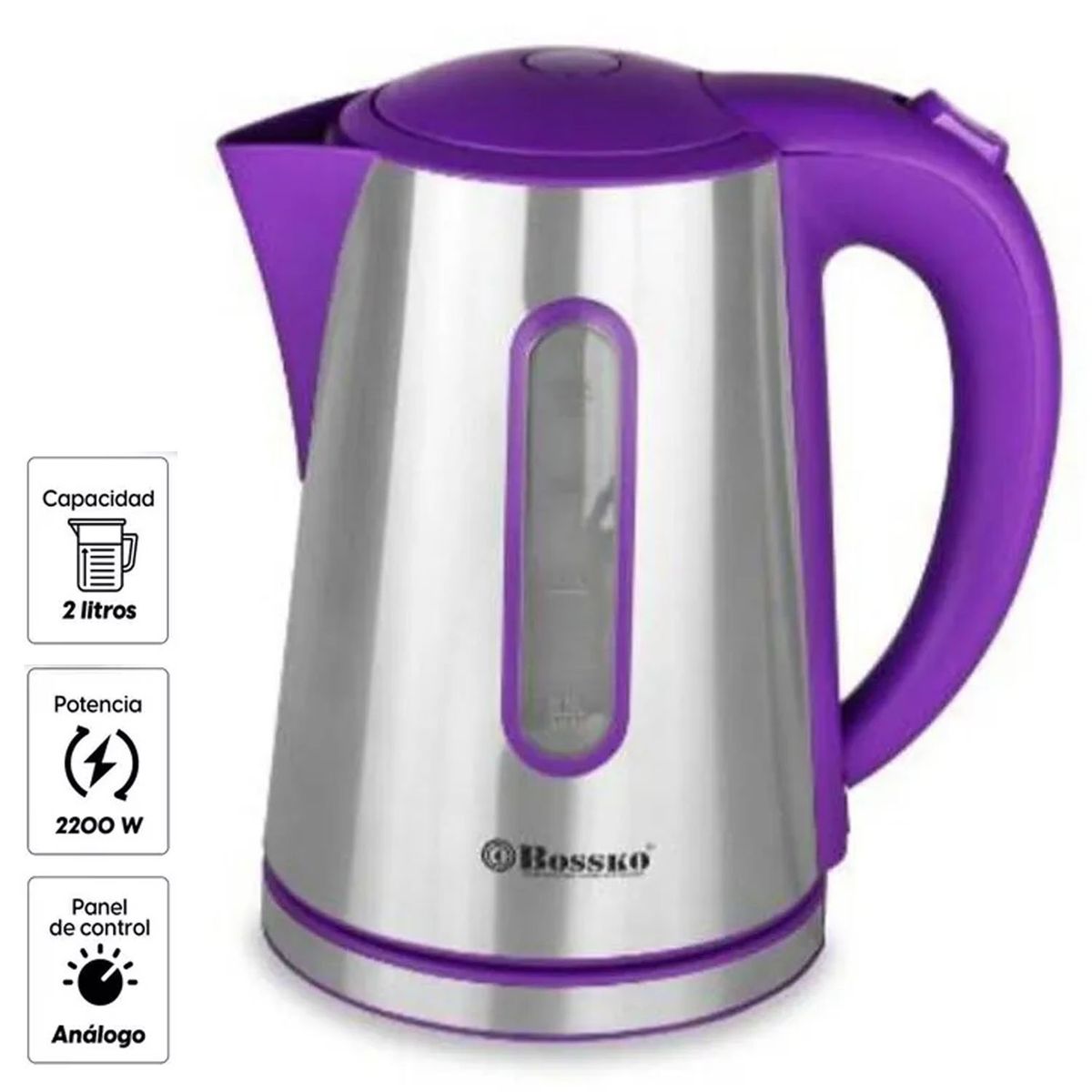 BOSSKO - Hervidor Eléctrico 2 Litros Acero BK-208B Morado