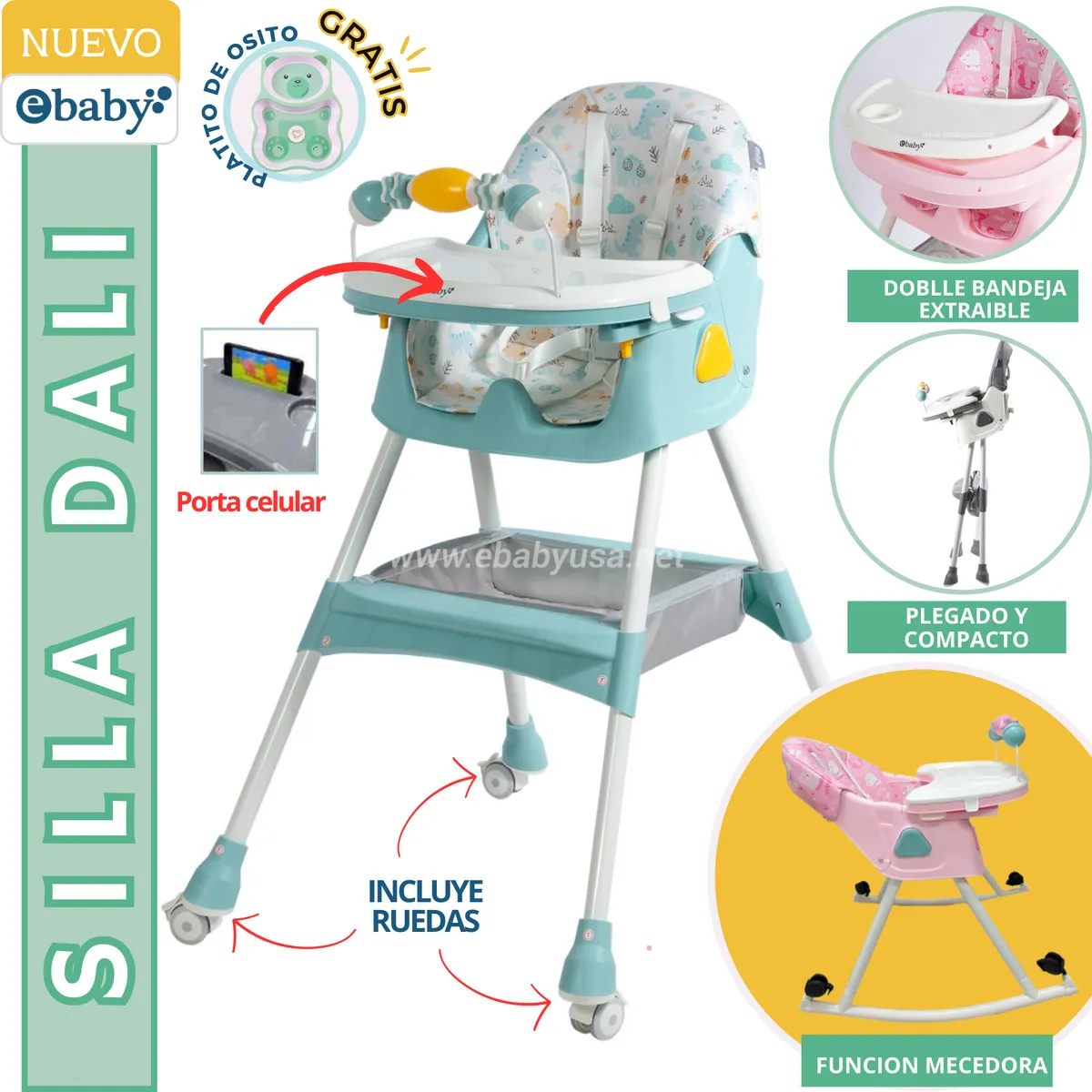 EBABY - Silla de comer Dali con Mecedora VERDE + platito gratis