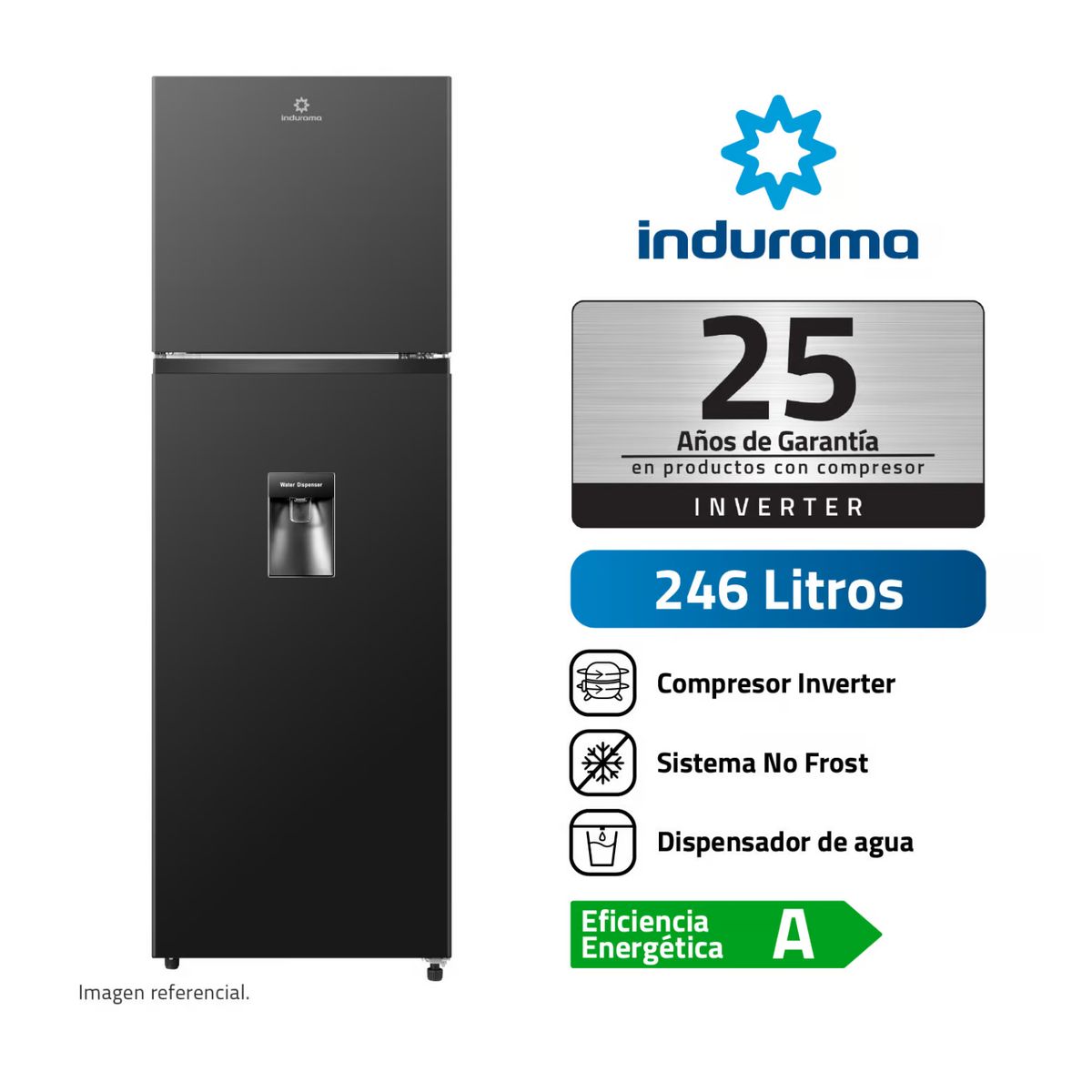 INDURAMA - REFRIGERADORA INDURAMA TOP FREEZER NO FROST RI-389DNI 246 LITROS NEGRO