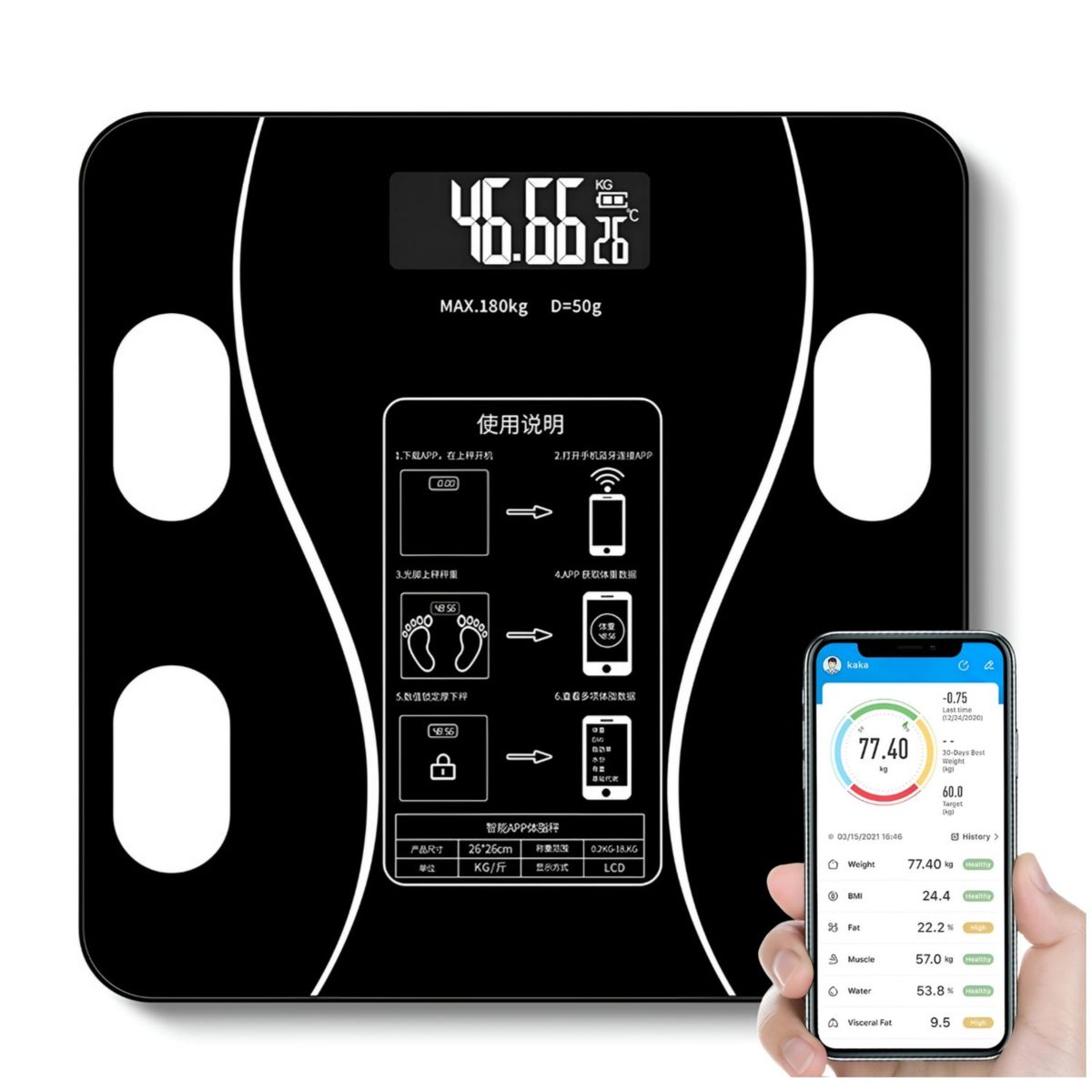 GENERICO - Balanza Digital Bluetooth capacidad 180 kg negro