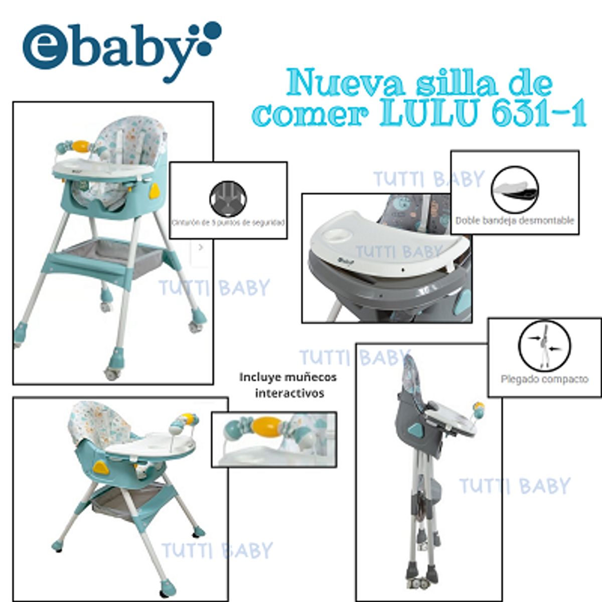 EBABY - SILLA DE COMER PLEGABLE DOBLE BANDEJA LULU VERDE + OBSEQUIO PLATO PARA NIÑO Y 1 BOLSA DE LEGOS