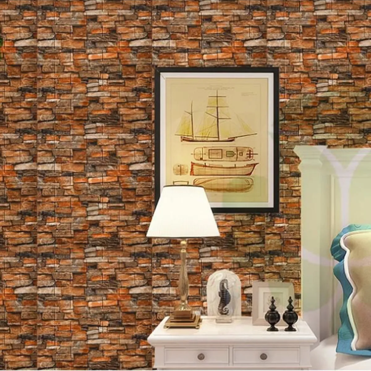 GENERICO - PAPEL TAPIZ MARRON LADRILLO BRILLANTE  3D ADHESIVO SET X 10 UNIDADES