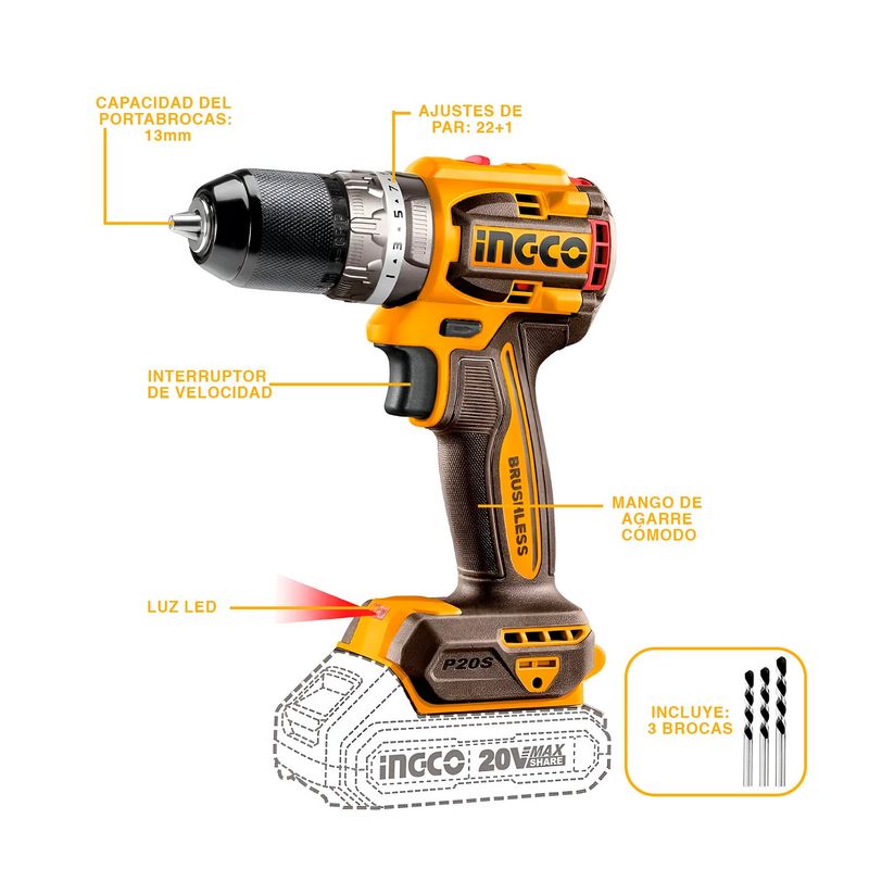 INGCO TOOLS - KIT BRUSHLESS TALADRO + AMOLADORA 4 1/2" + DISCOS + 2 BATERÍAS INGCO