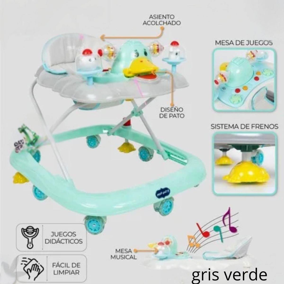 GENERICO - andador pato para bebe de 6 meses gris verde