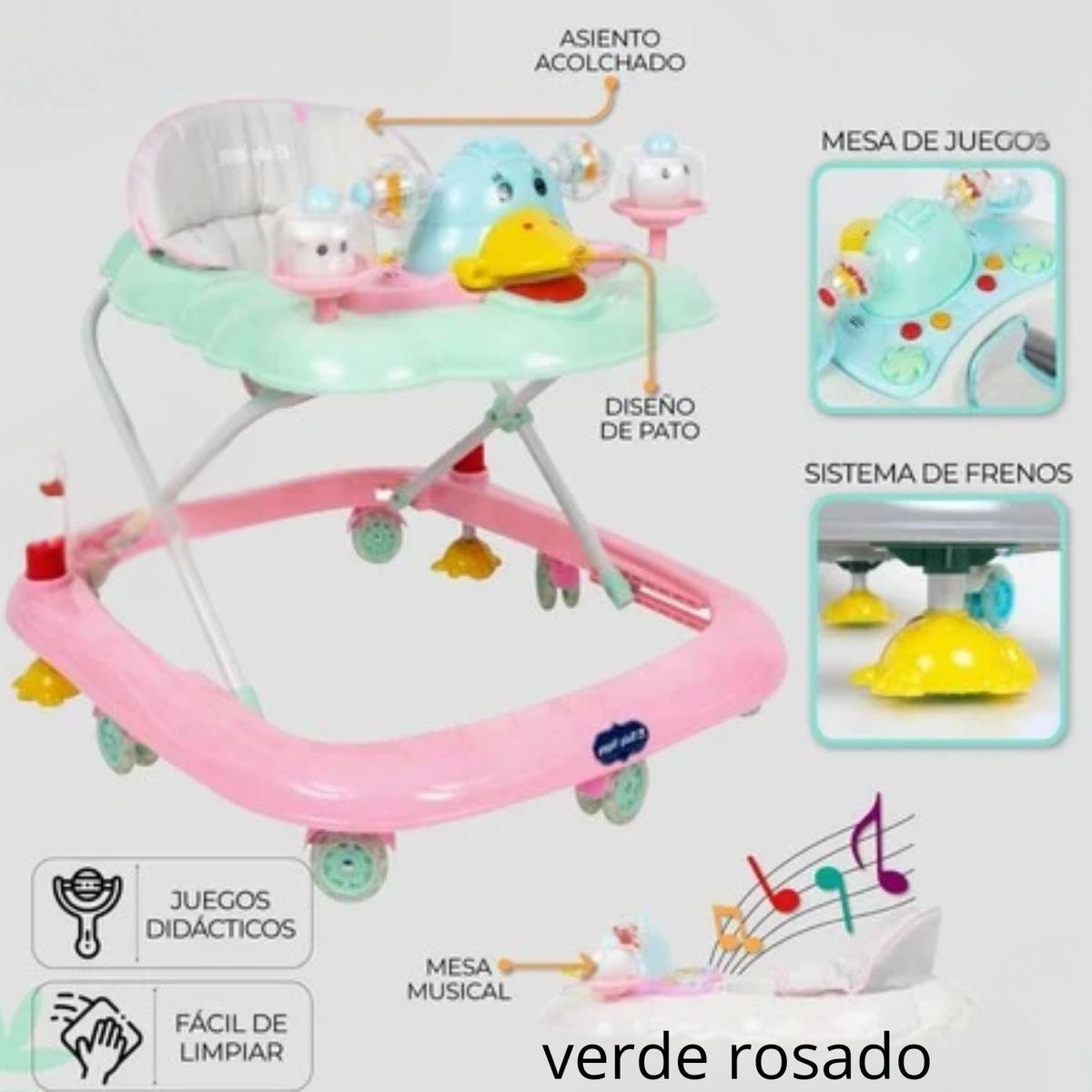 GENERICO - andador pato para bebe de 6 meses verde rosado
