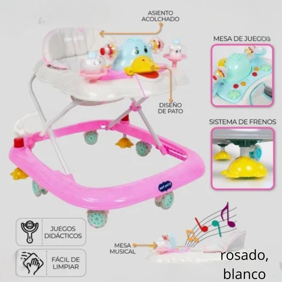 GENERICO - andador pato para bebe de 6 meses blanco, rosado