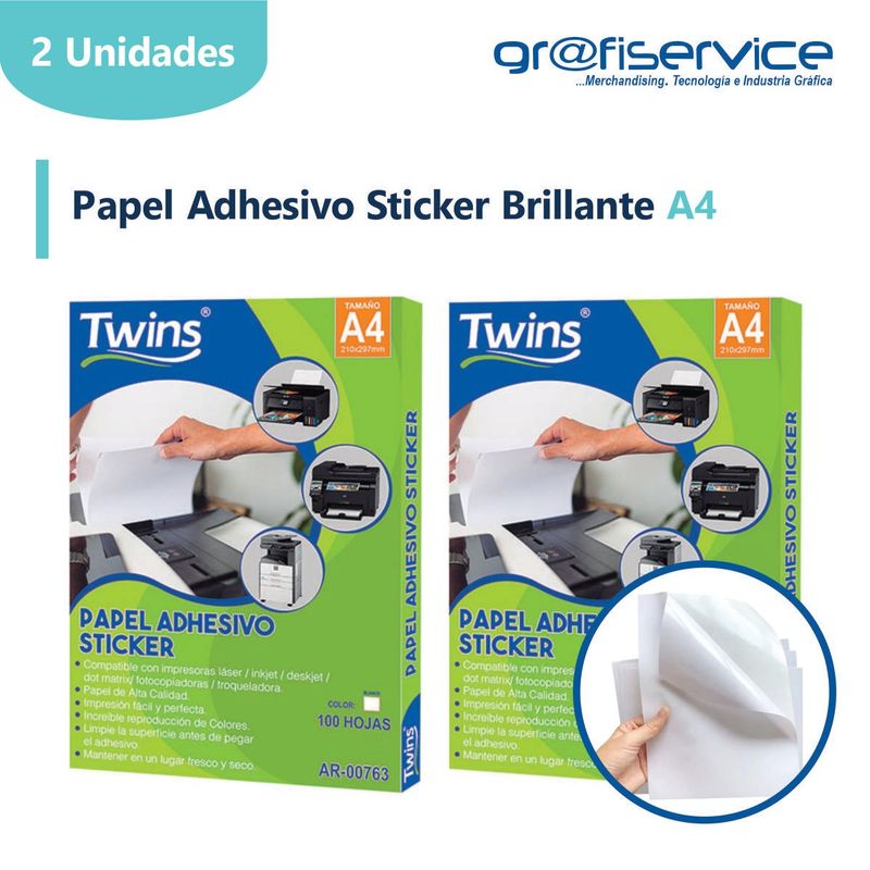 GENERICO - Pack x2 Papel Adhesivo Sticker Brillante A4 Twins 100h 135g