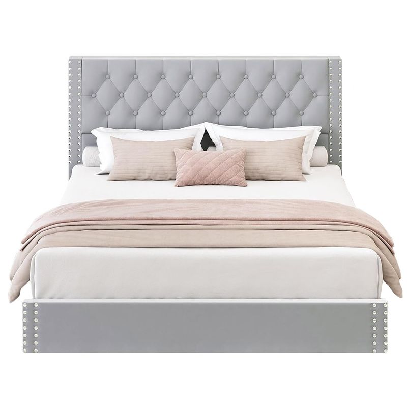 GENERICO - Cama Tapizada Capitoné Azalea Gris Claro Queen