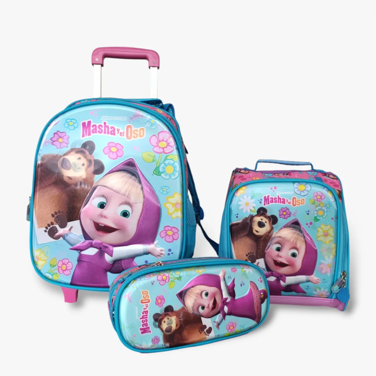 MASHA Y EL OSO - Kit Mochila Infantil con Ruedas Masha y el Oso + Lonchera + Cartuchera