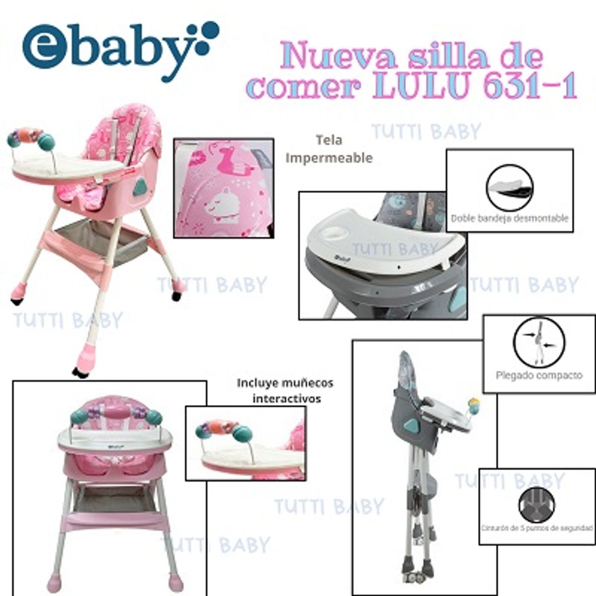 EBABY - SILLA DE COMER PLEGABLE DOBLE BANDEJA LULU FUCSIA + OBSEQUIO PLATO PARA NIÑO Y 1 BOLSA DE LEGOS