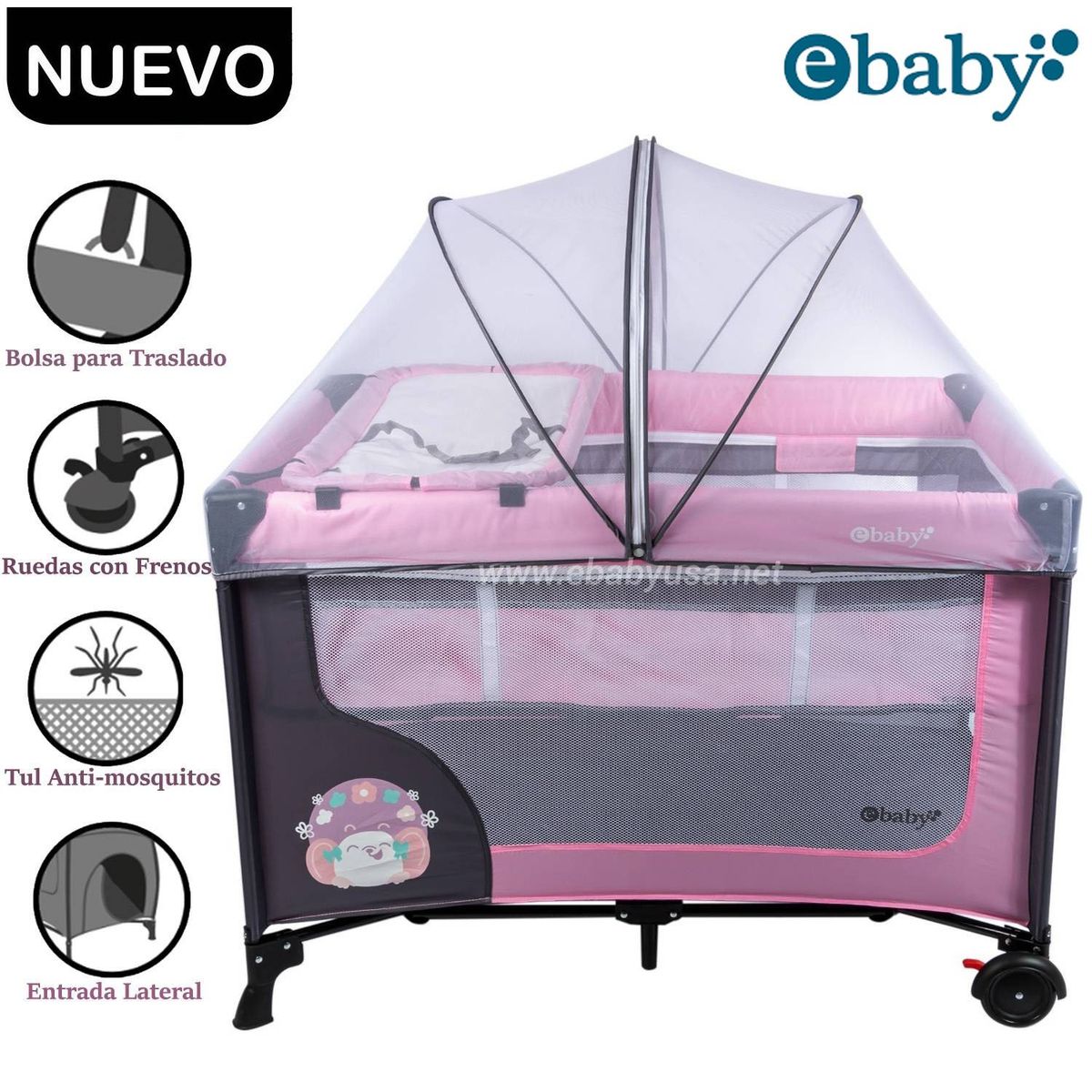 EBABY - Cuna Corral Ebaby Con Cambiador Happy Dream Rosado