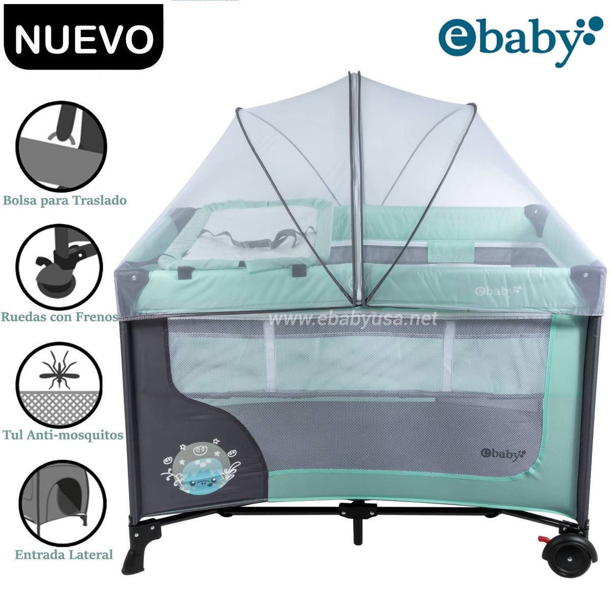 EBABY - Cuna Corral Ebaby Con Cambiador Happy Dream Verde