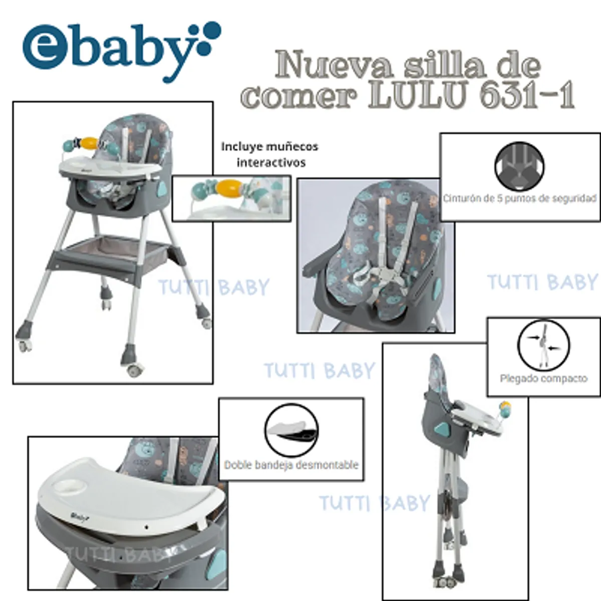 EBABY - SILLA DE COMER PLEGABLE DOBLE BANDEJA LULU GRIS + OBSEQUIO PLATO PARA NIÑO Y 1 BOLSA DE LEGOS
