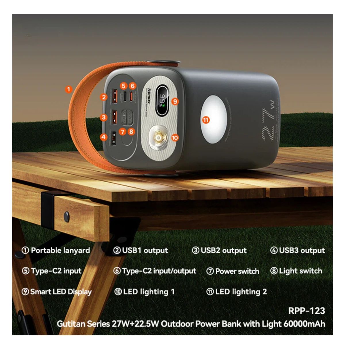 REMAX - CARGADOR PORTÁTIL REMAX with Light 60000 mAh 27W+225W BEIGE