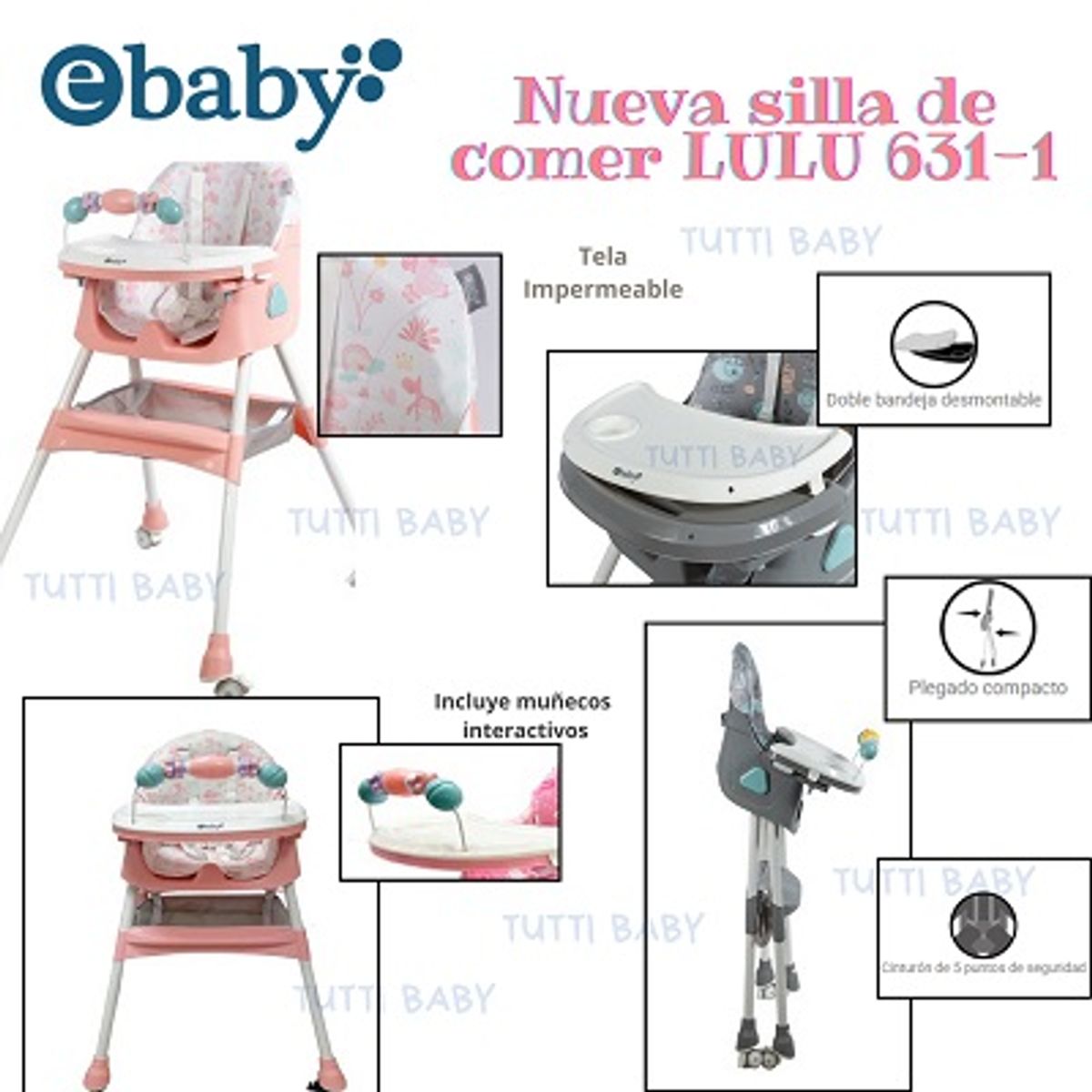 EBABY - SILLA DE COMER PLEGABLE DOBLE BANDEJA LULU ROSADO + OBSEQUIO PLATO PARA NIÑO Y 1 BOLSA DE LEGOS