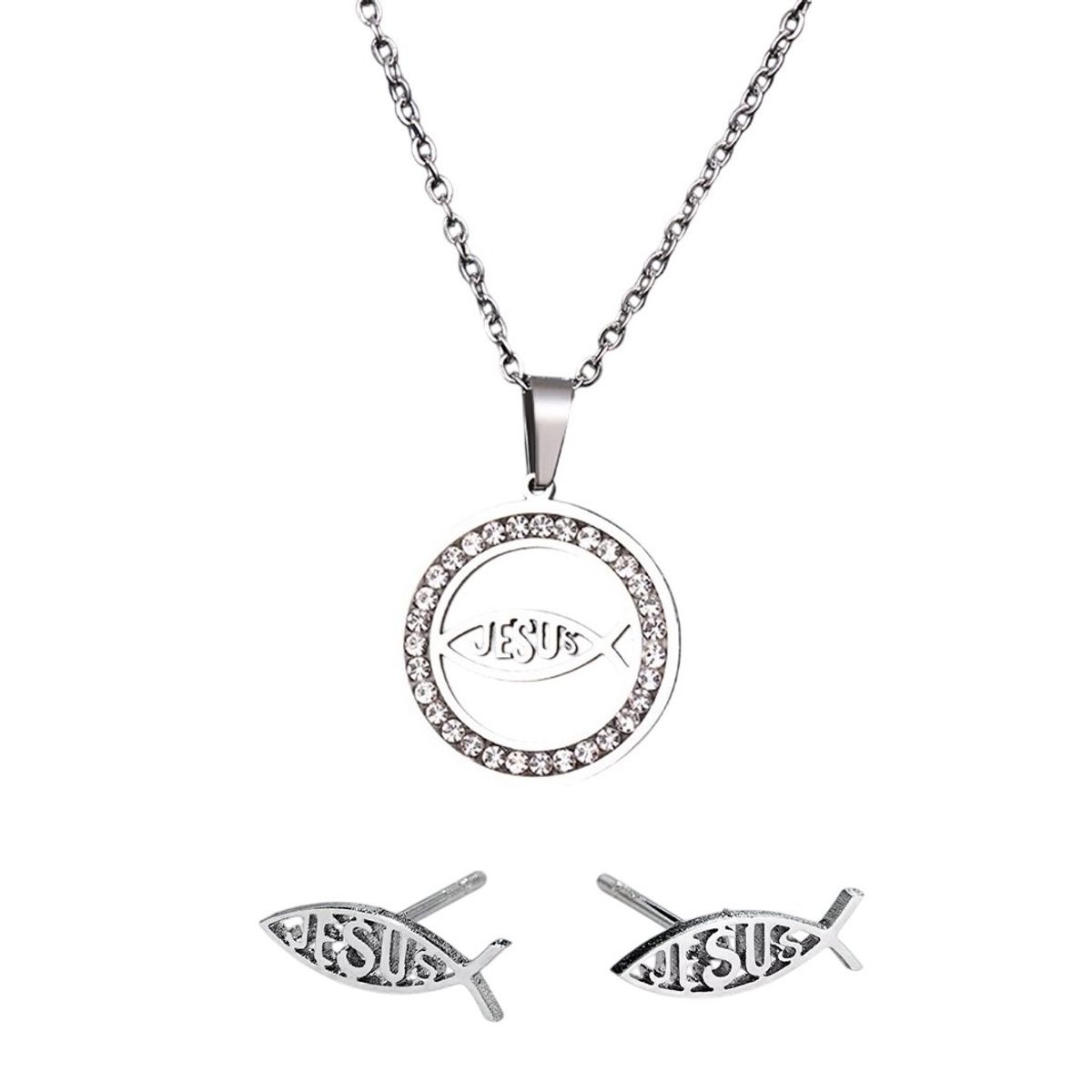 GENERICO - Set collar y aretes Jesús pez religión modelo circular