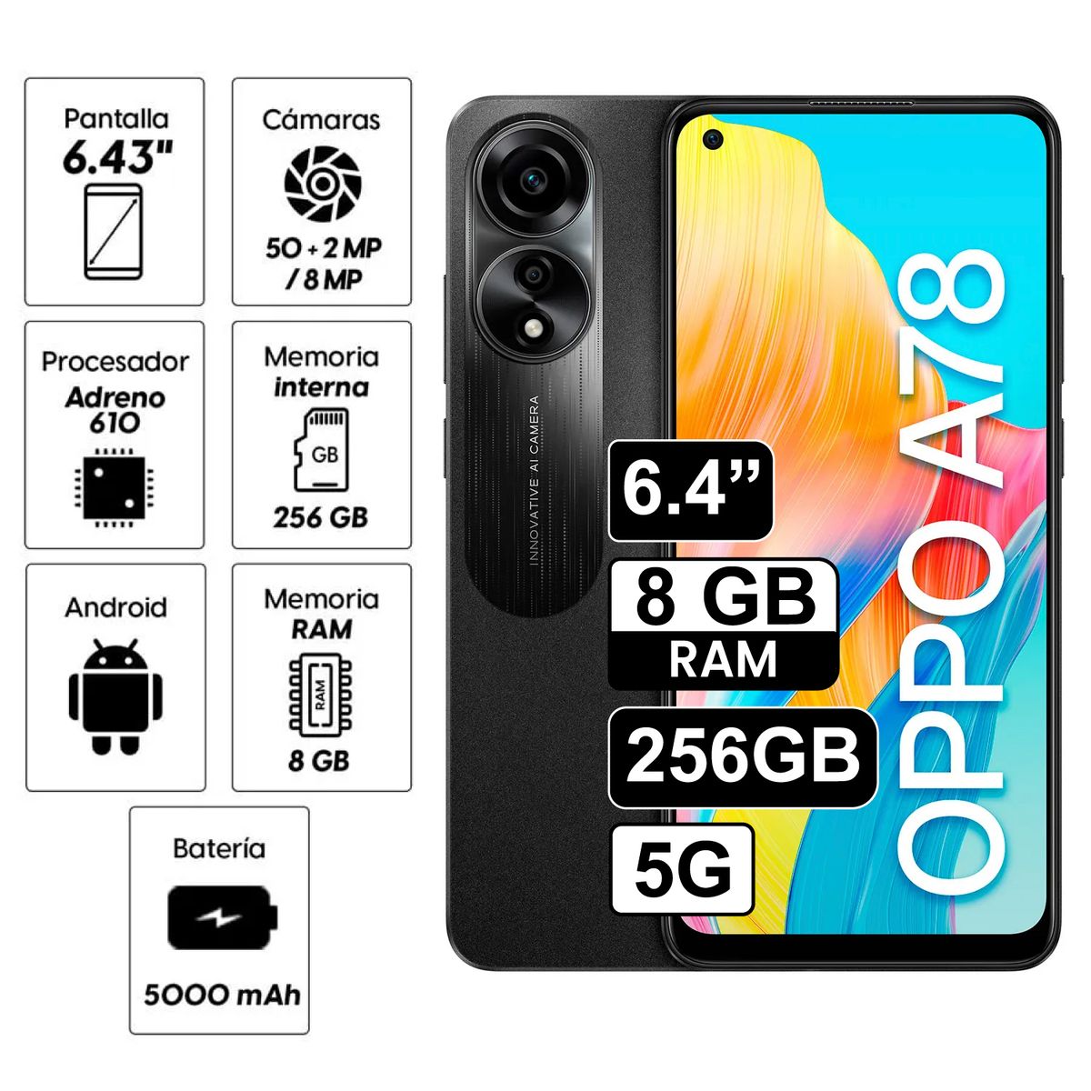 OPPO - Celular OPPO A78 256GB 8GB ram cámara principal 50MP + 2MP frontal 8MP 64 Pulg negro