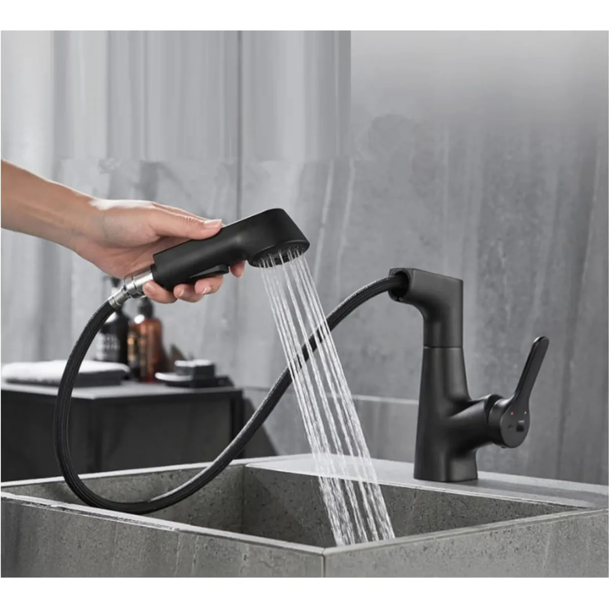 GENERICO - Grifo de Cocina o Baño Negro Mate con Ducha Extraíble, Monomando 360