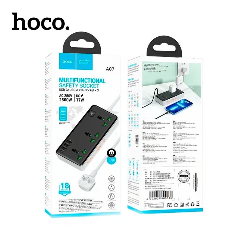 HOCO - Extension Toma Corriente Cargador Carga Rapida 17w Hoco Ac7