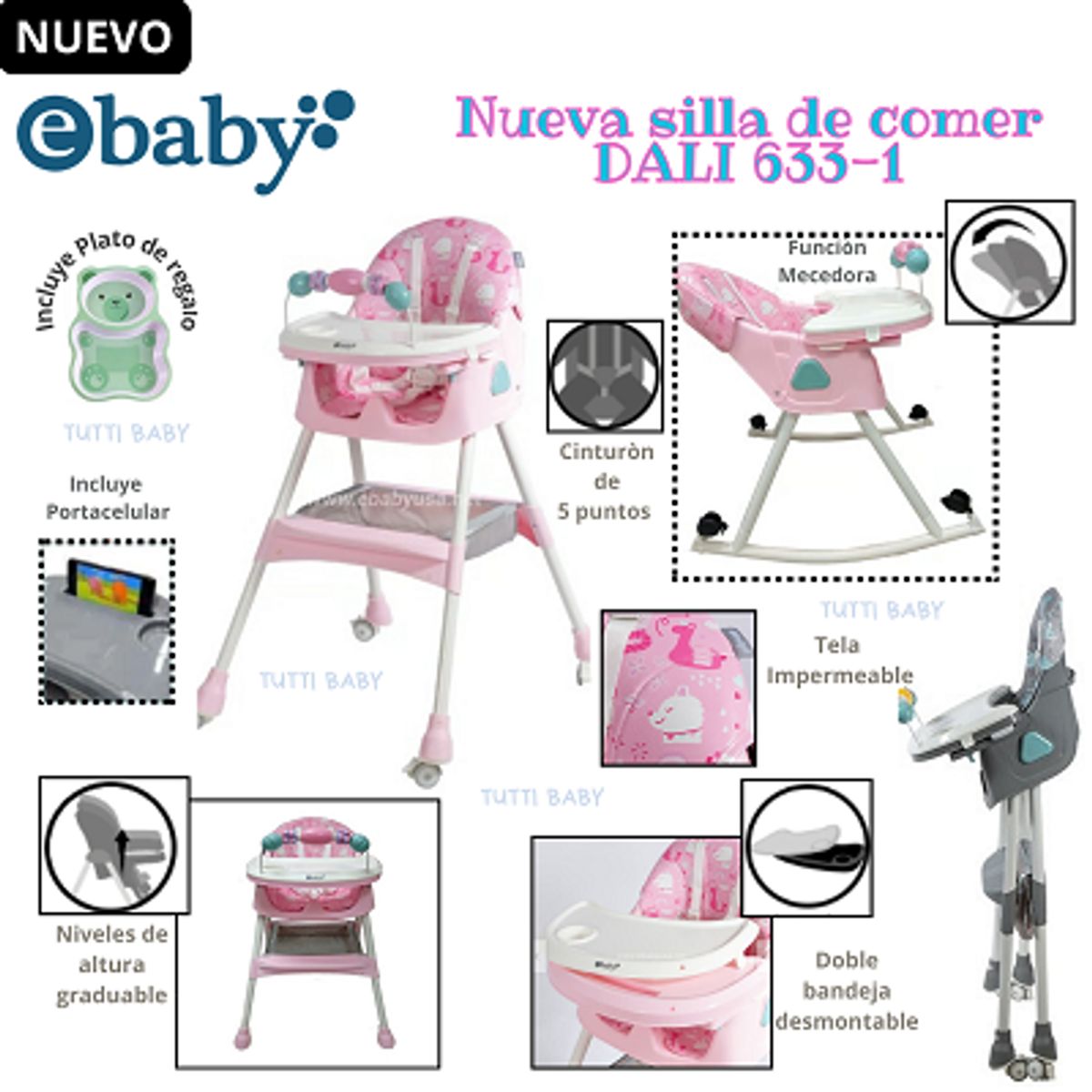 EBABY - SILLA DE COMER CON MECEDORA + PLATITO -FUCSIA-NUEVO MODELO