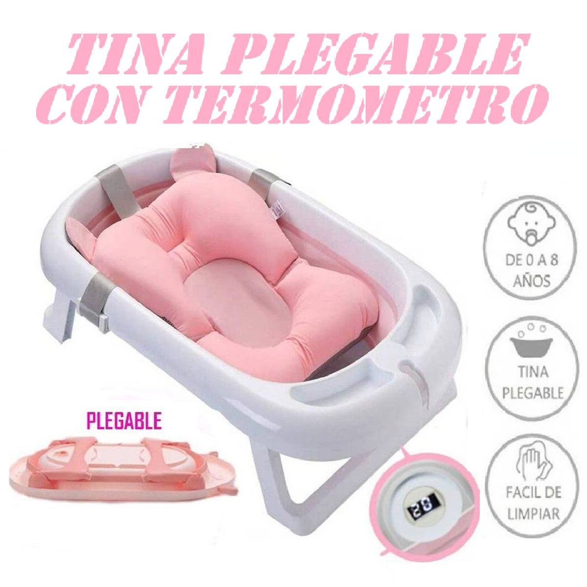 GENERICO - Nueva Bañera Plegable con Termometro -Rosa