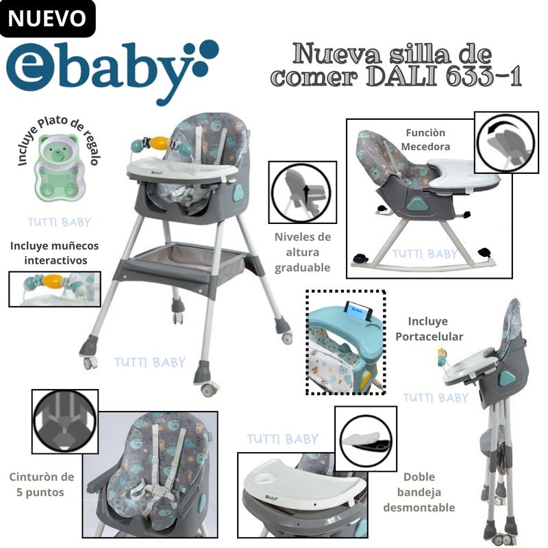 EBABY - SILLA DE COMER CON MECEDORA + PLATITO -VERDE-NUEVO MODELO