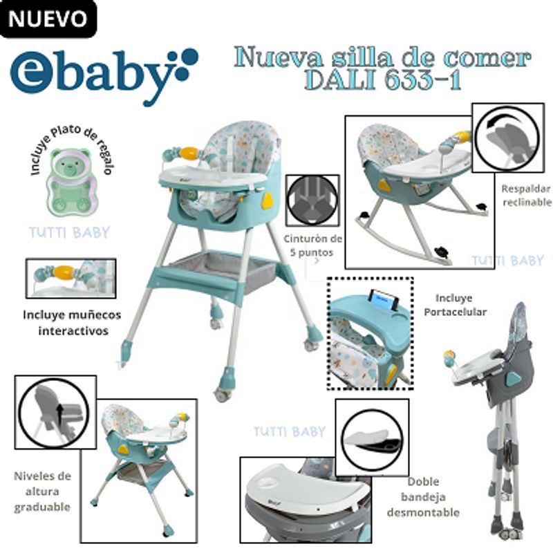EBABY - SILLA DE COMER CON MECEDORA + PLATITO -VERDE- NUEVO MODELO