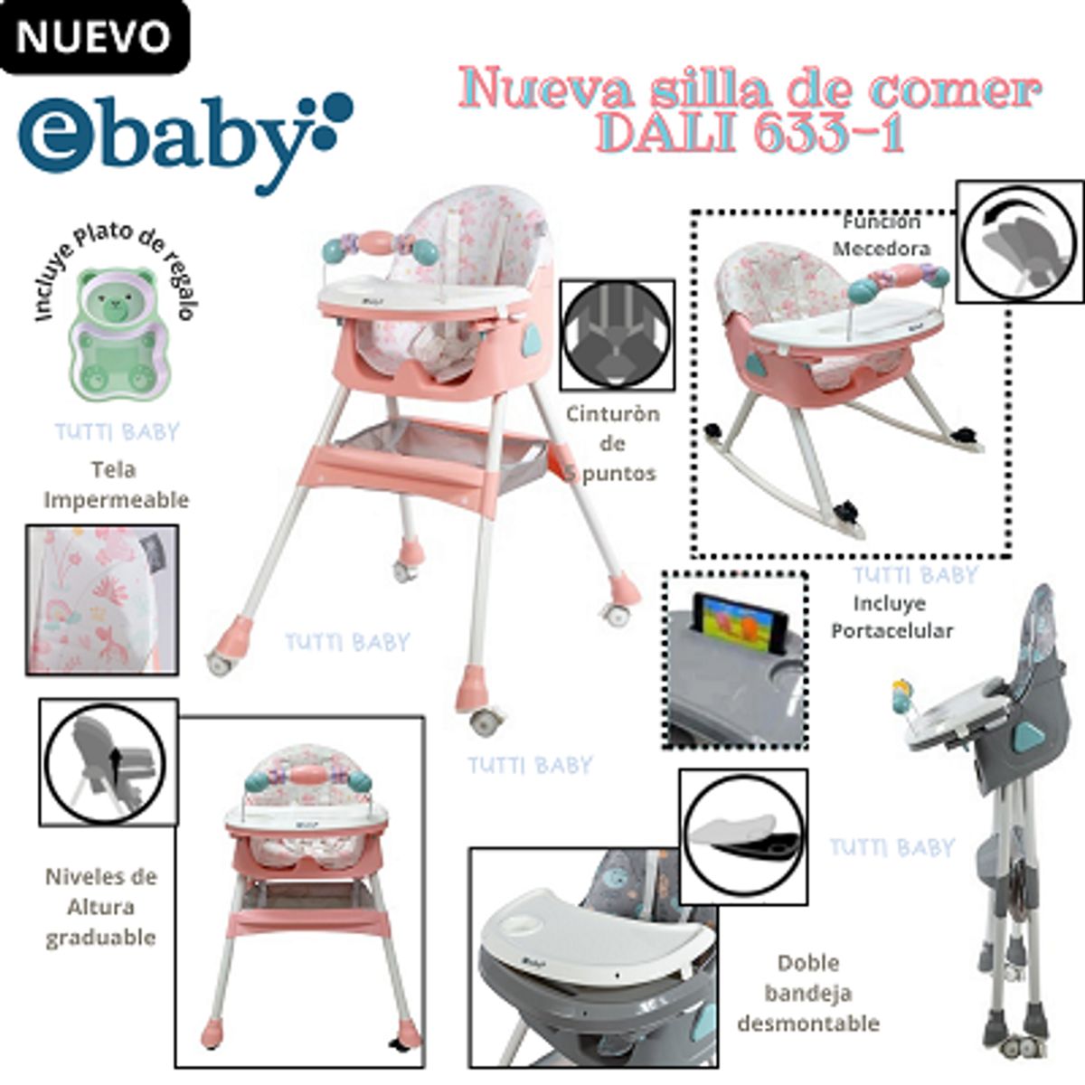 EBABY - SILLA DE COMER CON MECEDORA + PLATITO -ROSADO-NUEVO MODELO