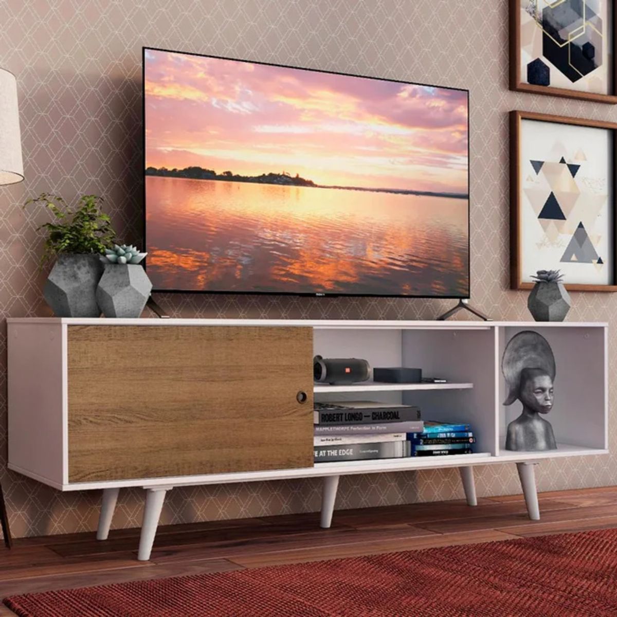 R&R MUEBLES - Mueble de TV 65 Amaha Blanco y Marrón R&R MUEBLES