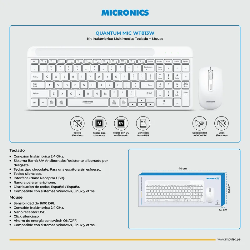 MICRONICS - KIT MICRONICS QUANTUM WHITE MIC WT813W TECLADO + MOUSE INALAMBRICO