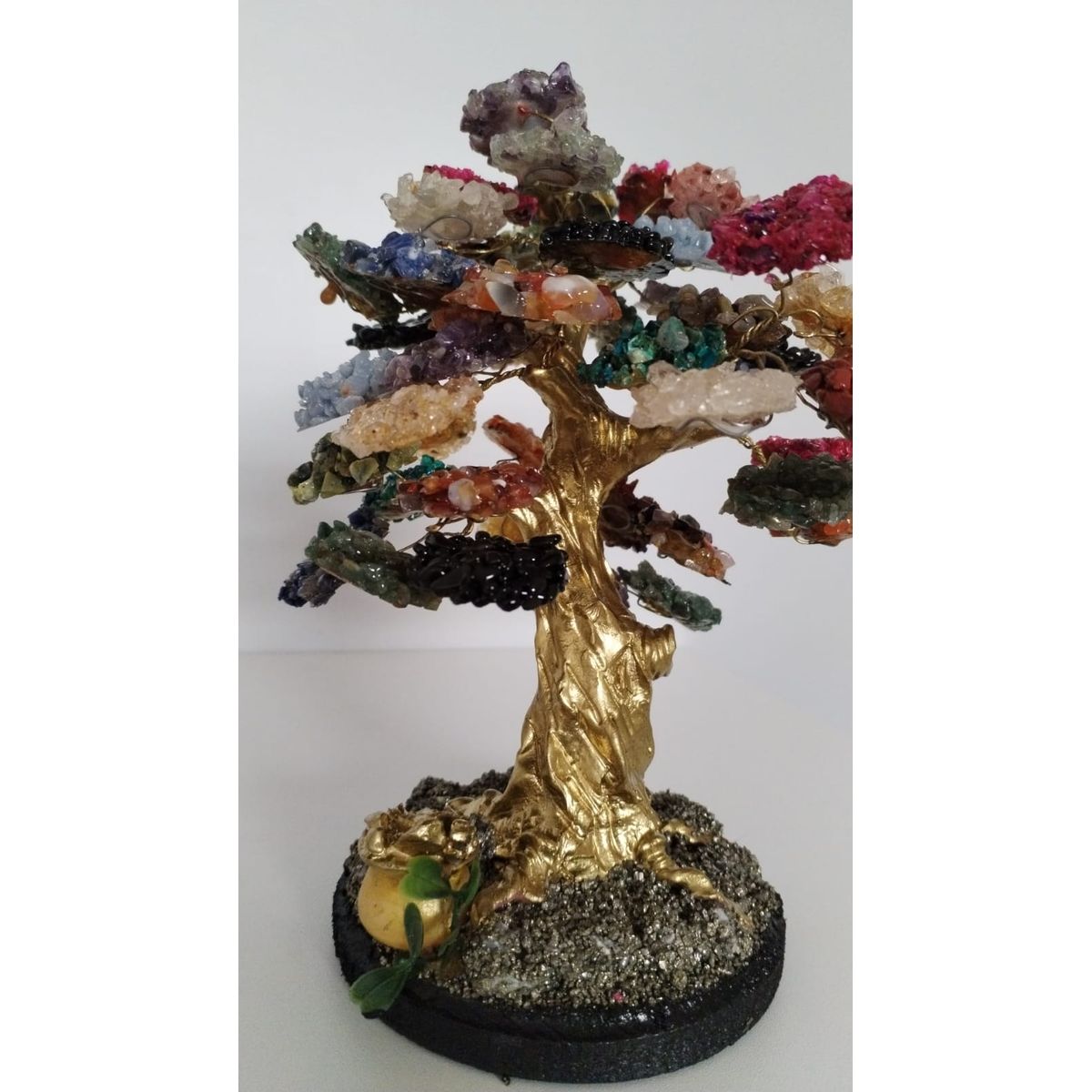 GENERICO - ARBOLITO  DE LOS DESEOS  BONSAI GRANDE DORADO PIEDRAS DE CUARZO 25CM